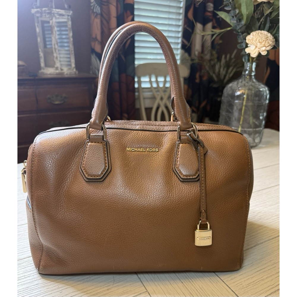Michael Michael Kors Mercer Pebbled Brown Leather Double Handle Satchel Handbag